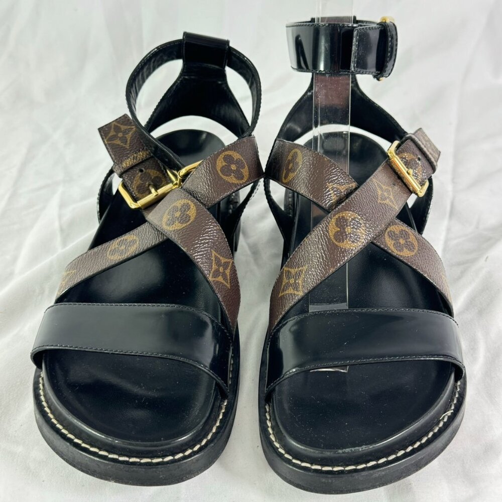 Louis Vuitton Black & Brown Monogram Crisscross Leather Sandals